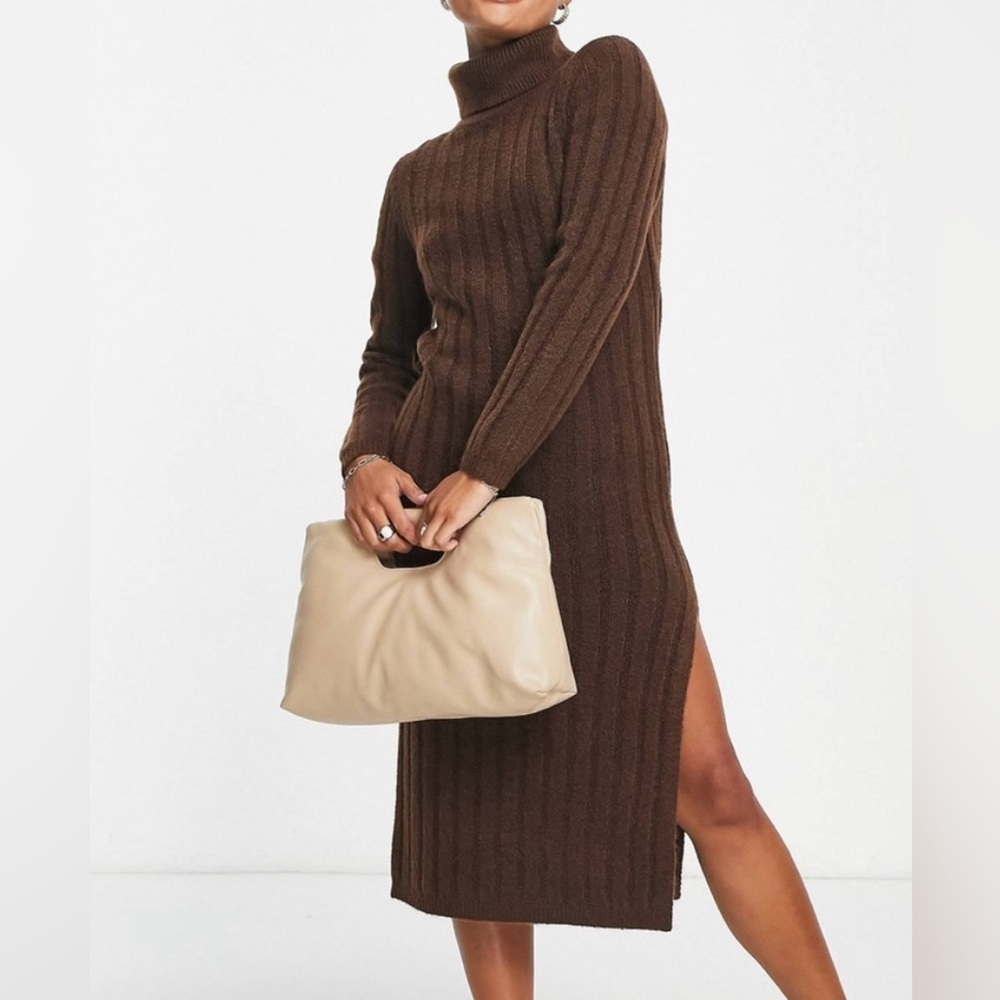 Asos Designs Brown Sweater Dress Turtle Neck Long Sleeve Knit Slit PT US 4 EU 36